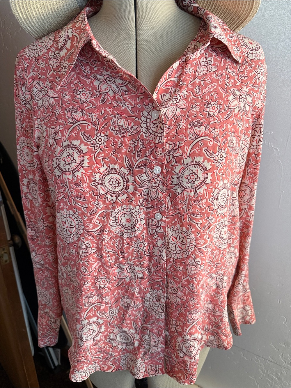 Boden 100% Silk
 Coral and White Floral Button-Down Shirt